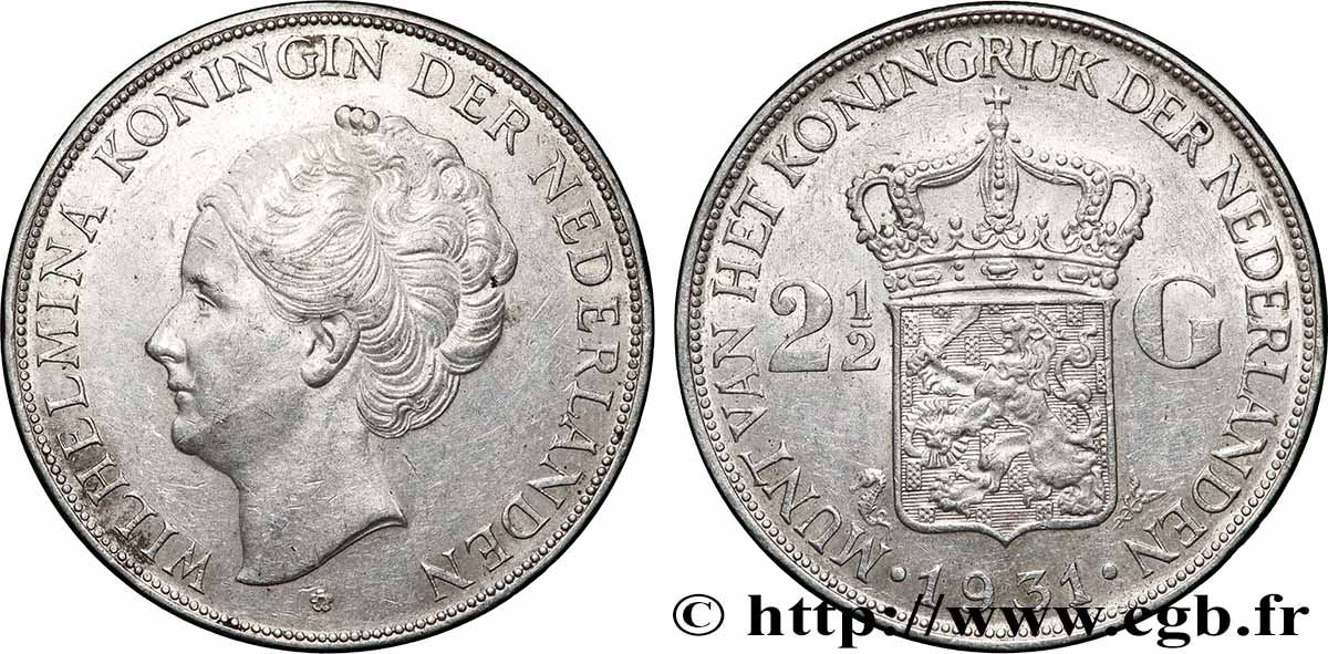 NETHERLANDS 2 1/2 Gulden Wilhelmina 1931  AU 