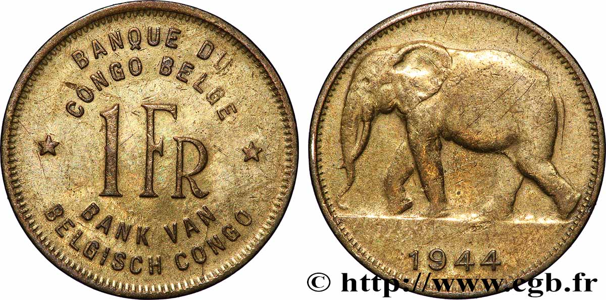 BELGIAN CONGO 1 Franc éléphant 1944  XF 