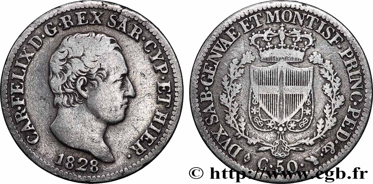 ITALIE - ROYAUME DE SARDAIGNE 50 Centesimi Charles Félix 1828 Turin TB+ 