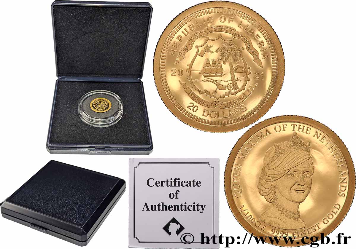 LIBERIA 20 Dollars Proof Reine Maxima des Pays-Bas 2021  ST 