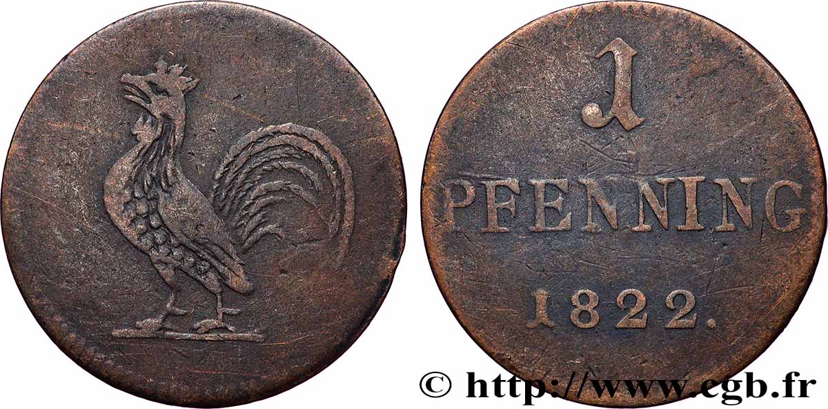 GERMANY - FRANKFURT FREE CITY 1 Pfenning (Judenpfennig) 1822  VF 