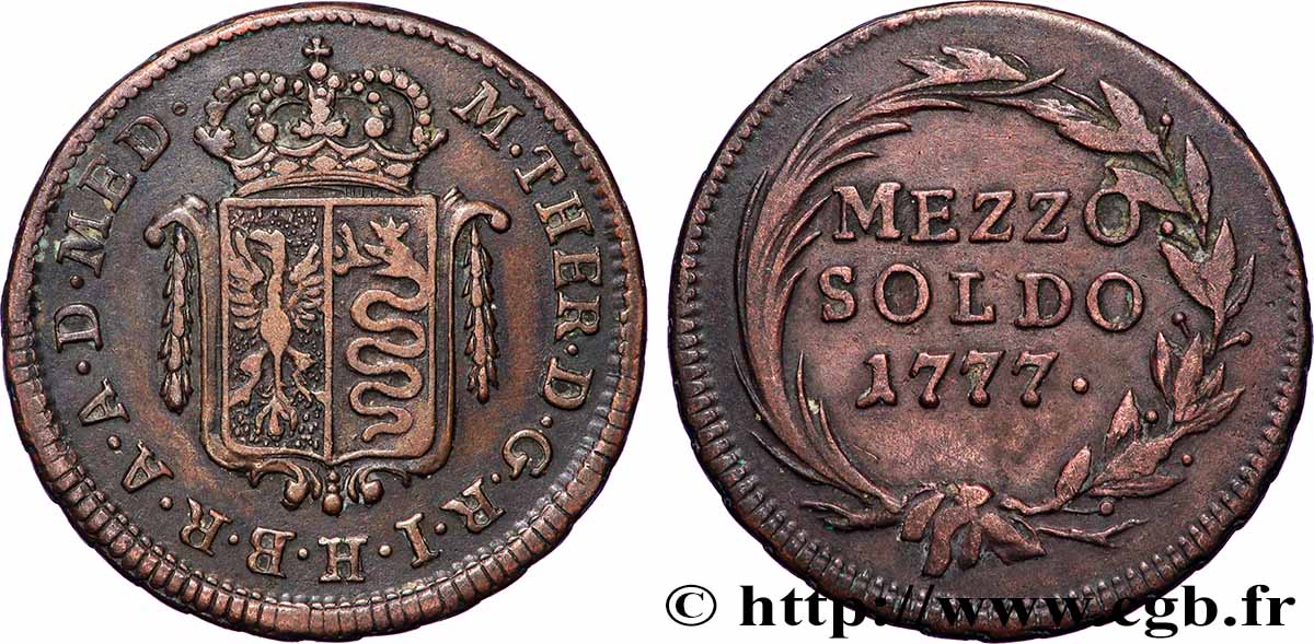 ITALY - LOMBARDY 1/2 Soldo Marie-Thérèse d’Autriche - Duché de Milan 1777 Milan VF 