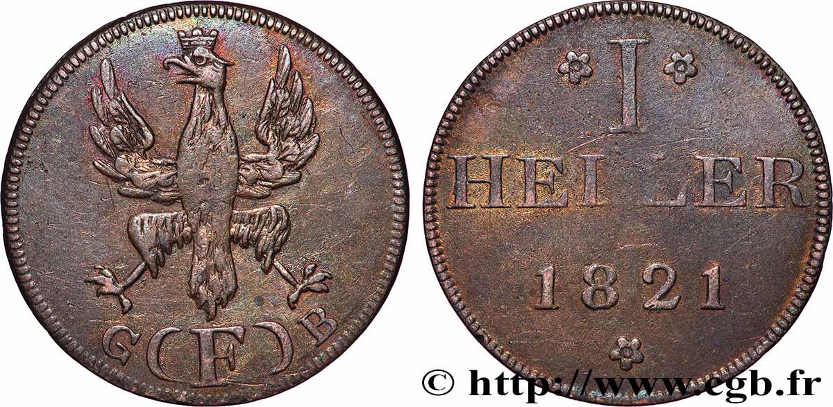ALLEMAGNE - VILLE LIBRE DE FRANCFORT 1 Heller 1821 Francfort TB+ 