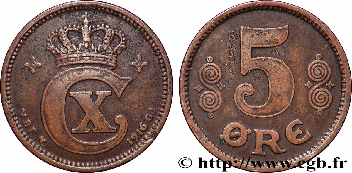 DANEMARK 5 Ore Christian X 1916 Copenhague TTB 