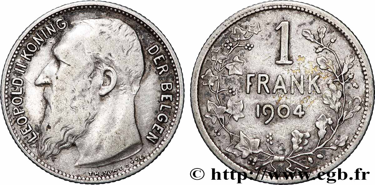 BELGIUM 1 Frank (Franc) Léopold II légende en flamand 1904 Bruxelles VF 