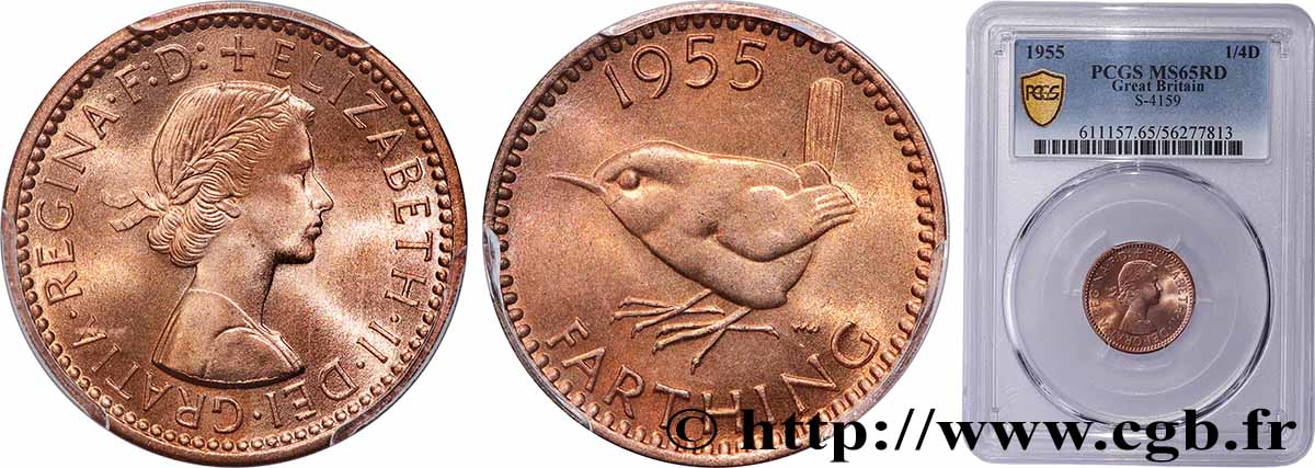 ROYAUME-UNI 1 Farthing Elisabeth II 1955 Londres FDC65 PCGS