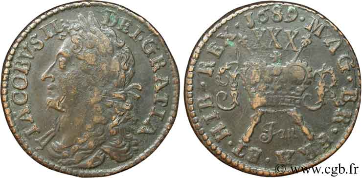 IRELAND REPUBLIC 1/2 Crown Jacques II (James Stuart) frappe de la Guerre Civile frappée sur flan large pour le mois de Janvier 1689  XF 
