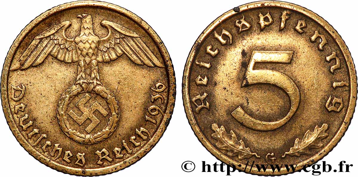 GERMANIA 5 Reichspfennig 1936 Karlsruhe BB 