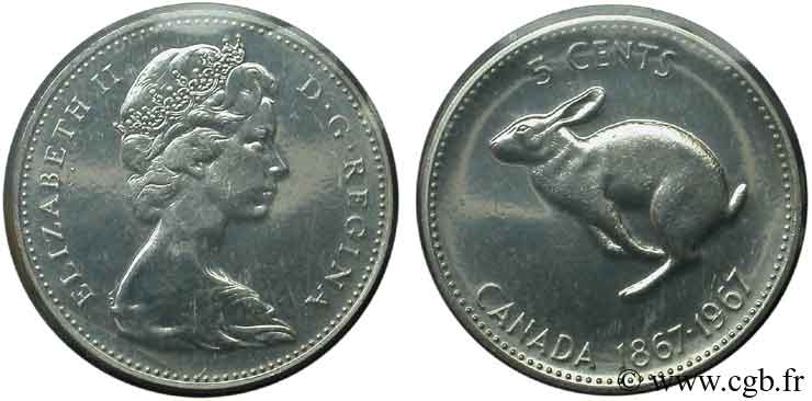 CANADá
 5 Cents centenaire de la Confédération, Elisabeth II / lièvre 1967  FDC 
