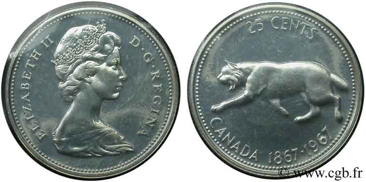 KANADA 25 Cents centenaire de la Confédération, Elisabeth II / lynx 1967  ST 
