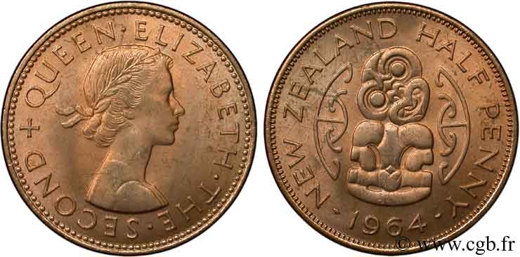 NUEVA ZELANDA
 1/2 Penny Elisabeth II / pendentif maori Hei Tiki 1964  SC 