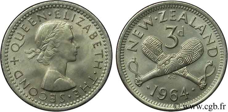 NEUSEELAND
 3 Pence Elisabeth II / 2 patus maoris (masses en ivoire) 1964  fST 