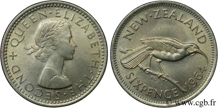 NEW ZEALAND 6 Pence Elisabeth II / oiseau Huia 1964  MS 