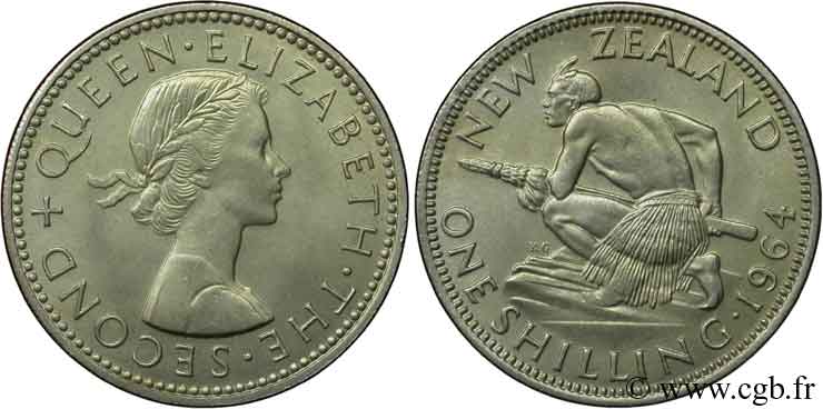 NEUSEELAND
 1 Shilling Elisabeth II / guerrier maori 1964  fST 
