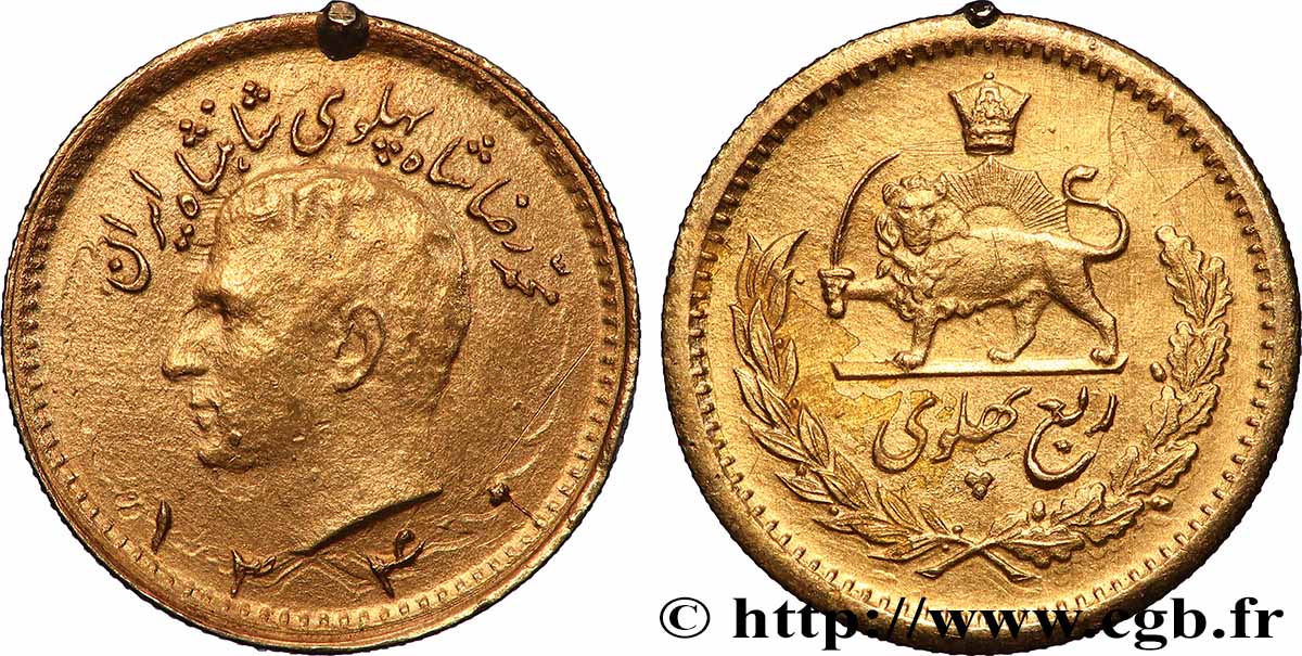 GOLD, PALLADIUM & PLATINUM INVESTMENT 1/4 Pahlavi or Mohammad Riza Pahlavi SH1340 (1961) Téhéran XF 