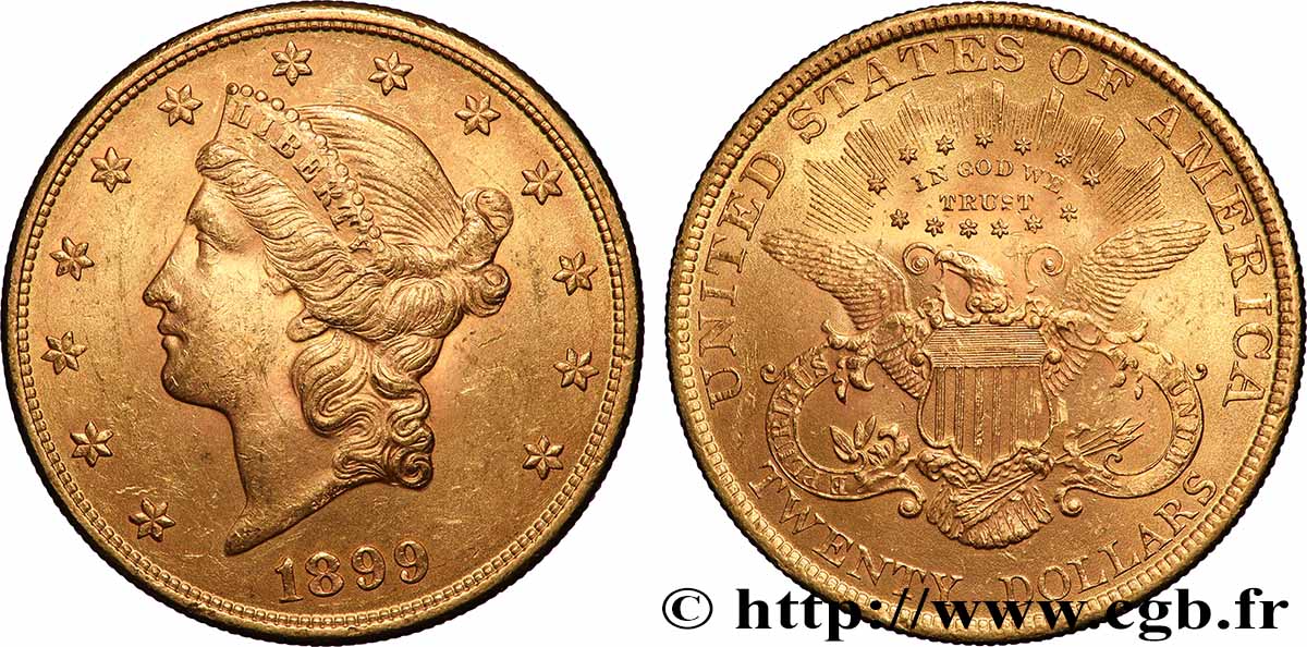 GOLD, PALLADIUM & PLATINUM INVESTMENT 20 Dollars &nbsp;Liberty&nbsp; 1899 Philadelphie AU 