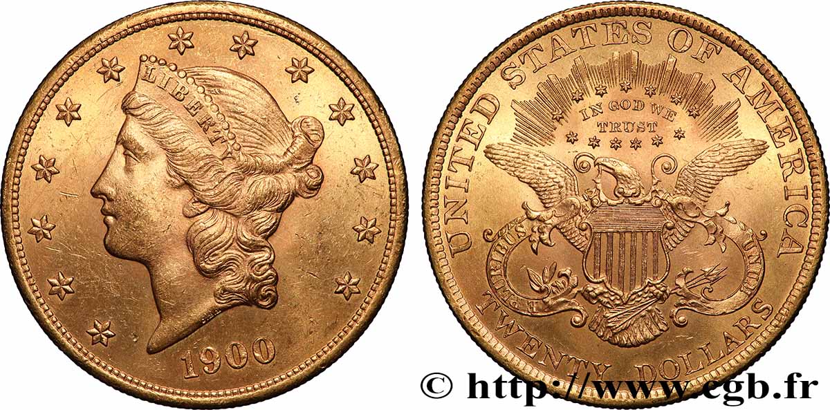 OR, PALLADIUM ET PLATINE INVESTISSEMENT 20 Dollars or &nbsp;Liberty&nbsp;, avec In God we trust 1900 Philadelphie SUP 