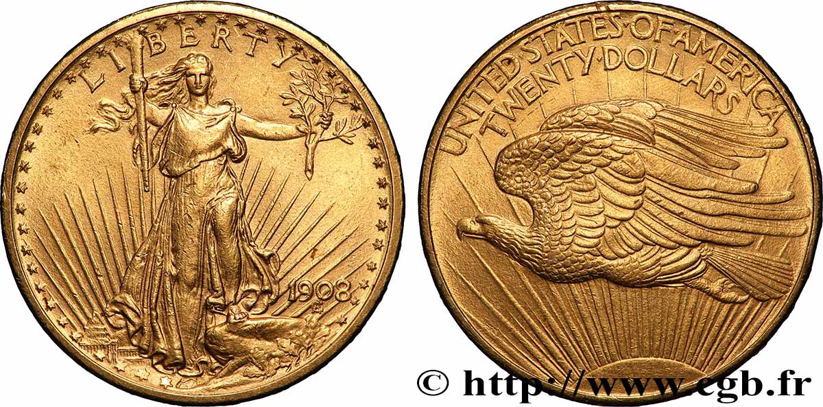 GOLD-, PALLADIUM- UND PLATIN-INVESTITIONEN 20 Dollars “Saint-Gaudens” 1908 Philadelphie fVZ 