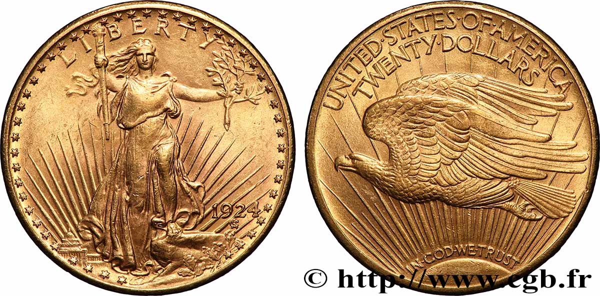 GOLD, PALLADIUM & PLATINUM INVESTMENT 20 Dollars &nbsp;Saint-Gaudens” 1924 Philadelphie AU 