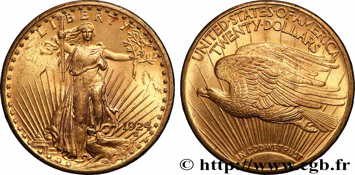 OR, PALLADIUM ET PLATINE INVESTISSEMENT 20 Dollars &nbsp;Saint-Gaudens” 1924 Philadelphie TTB+ 