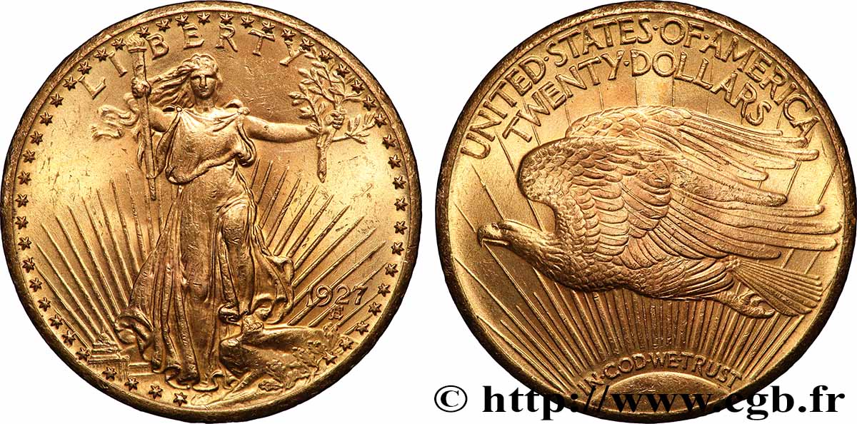 GOLD, PALLADIUM & PLATINUM INVESTMENT 20 Dollars &nbsp;Saint-Gaudens” 1927 Philadelphie AU 