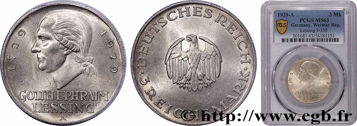GERMANY 3 Reichsmark Gotthold Ephraim Lessing 1929 Berlin MS63 PCGS
