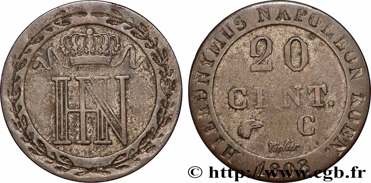 ALLEMAGNE - ROYAUME DE WESTPHALIE 20 Centimes 1808 Cassel TB+ 