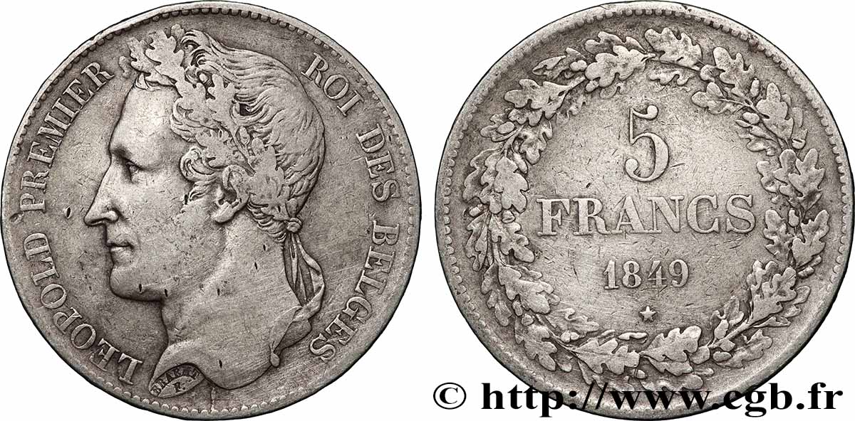BELGIQUE 5 Francs Léopold Ier tête laurée 1849 Bruxelles TB+ 