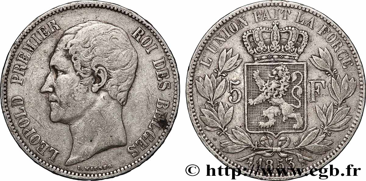 BELGIO 5 Francs Léopold Ier tête nue 1853  q.BB 