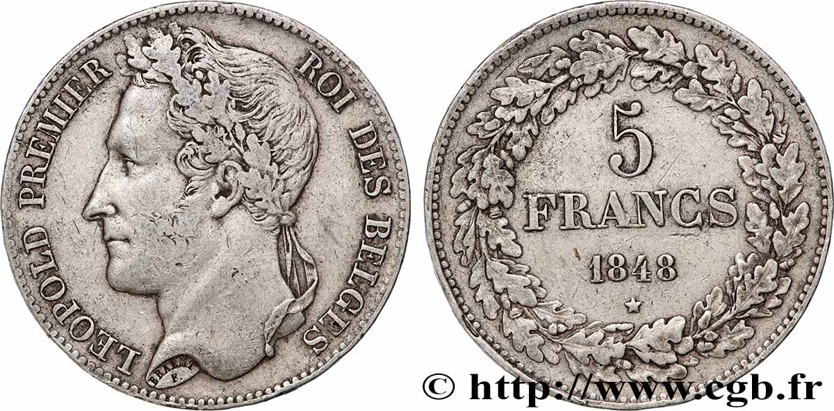 BELGIQUE 5 Francs Léopold Ier tête laurée 1848  TTB 