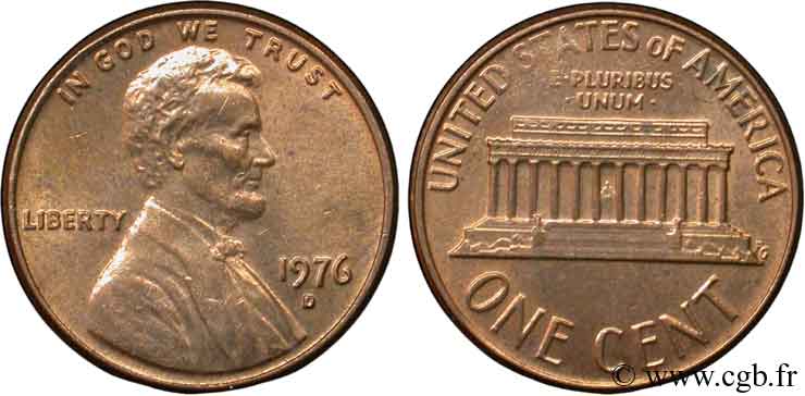 STATI UNITI D AMERICA 1 Cent Lincoln / mémorial 1976 Denver MS 