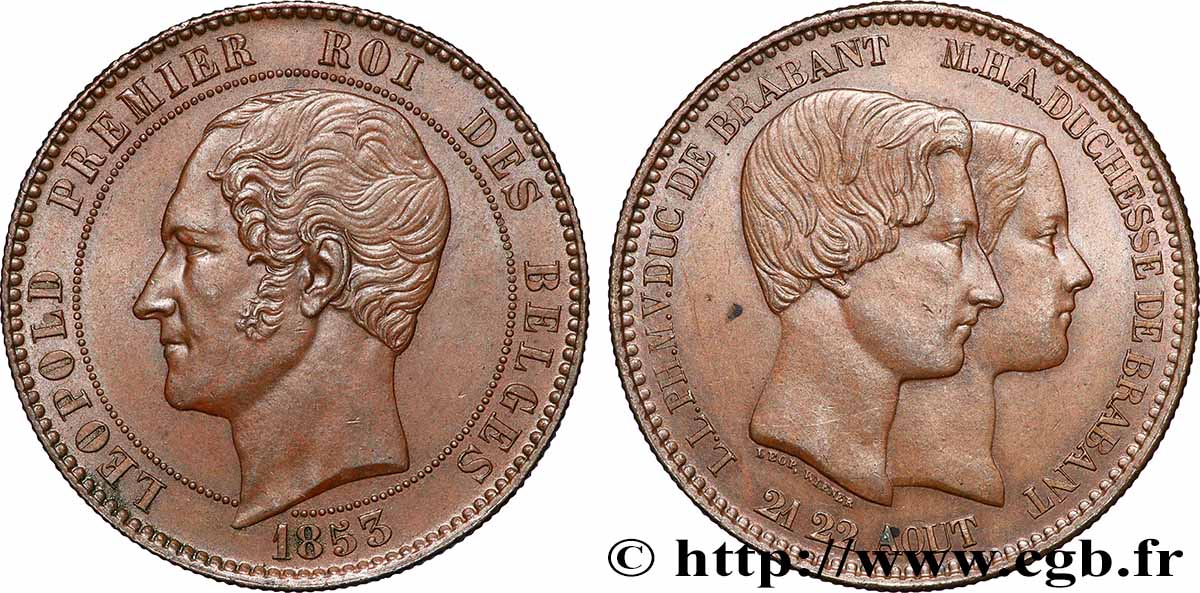 BELGIO 10 Centimes Mariage du Duc et de la Duchesse de Brabant 1853 Bruxelles SPL 