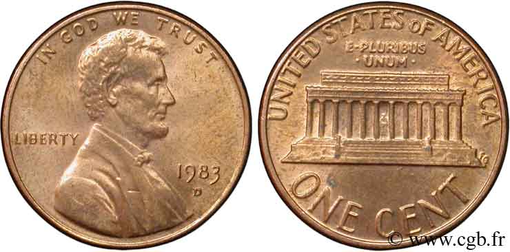 STATI UNITI D AMERICA 1 Cent Lincoln / mémorial 1983 Denver MS 