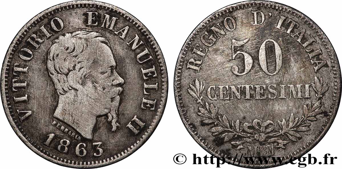 ITALIE 50 Centesimi Victor Emmanuel II 1863 Milan TB+ 