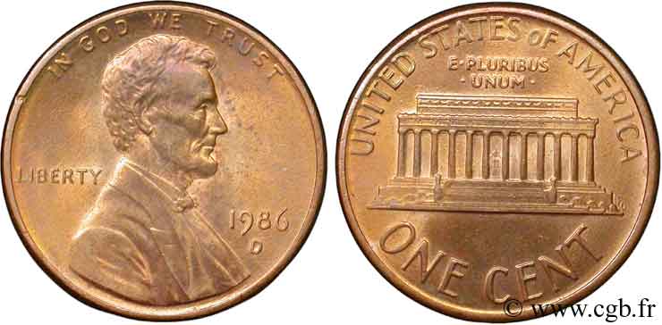 STATI UNITI D AMERICA 1 Cent Lincoln / mémorial 1986 Denver MS 