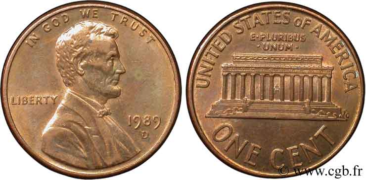 STATI UNITI D AMERICA 1 Cent Lincoln / mémorial 1989 Denver MS 