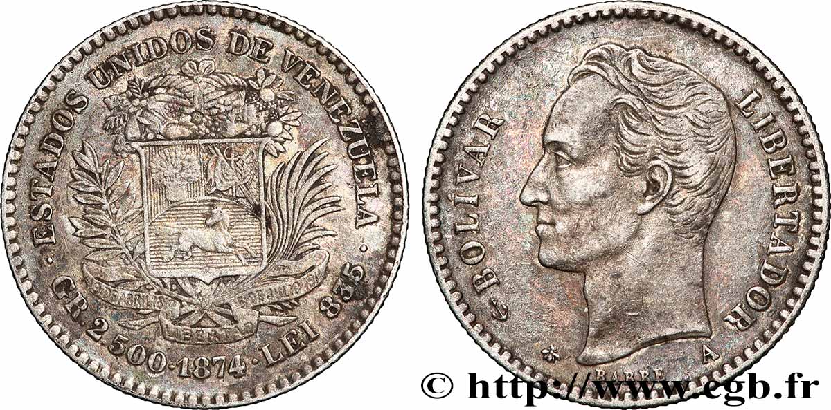 VENEZUELA 10 centavos Simon Bolivar 1874 Paris TTB+ 