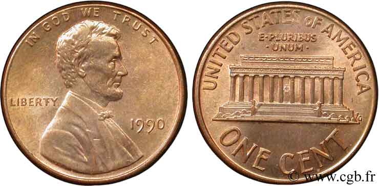 STATI UNITI D AMERICA 1 Cent Lincoln / mémorial 1990 Philadelphie MS 