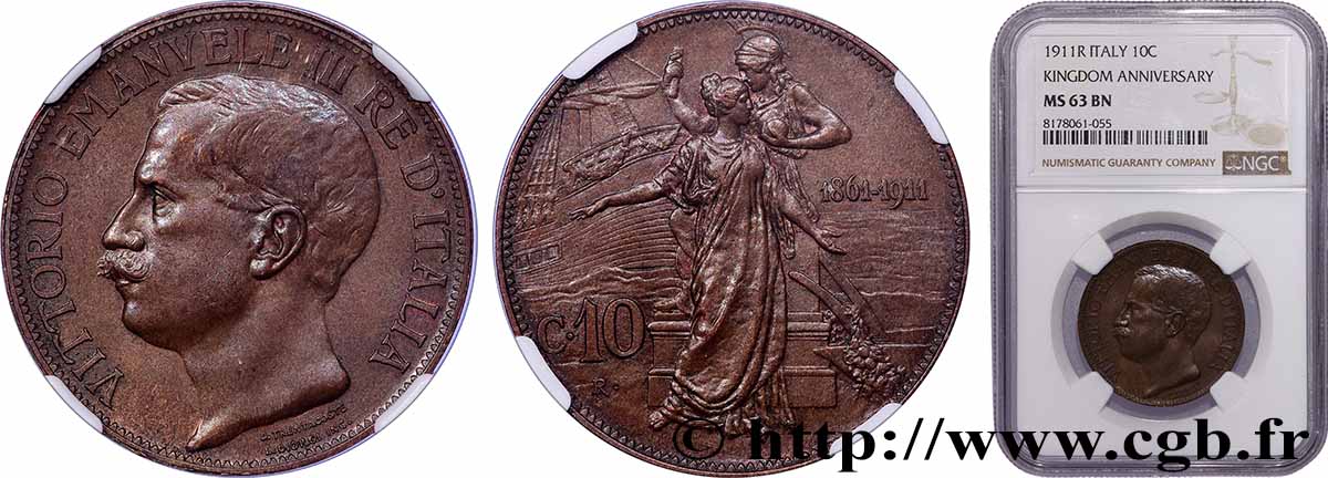 ITALY 10 Centesimi Victor Emmanuel III - 50e anniversaire de l’Unité Italienne 1911 Rome MS63 NGC