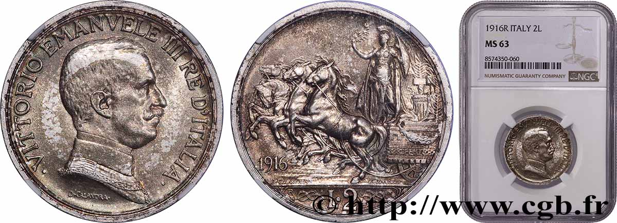 ITALY 2 Lire Victor Emmanuel III 1916 Rome MS63 NGC