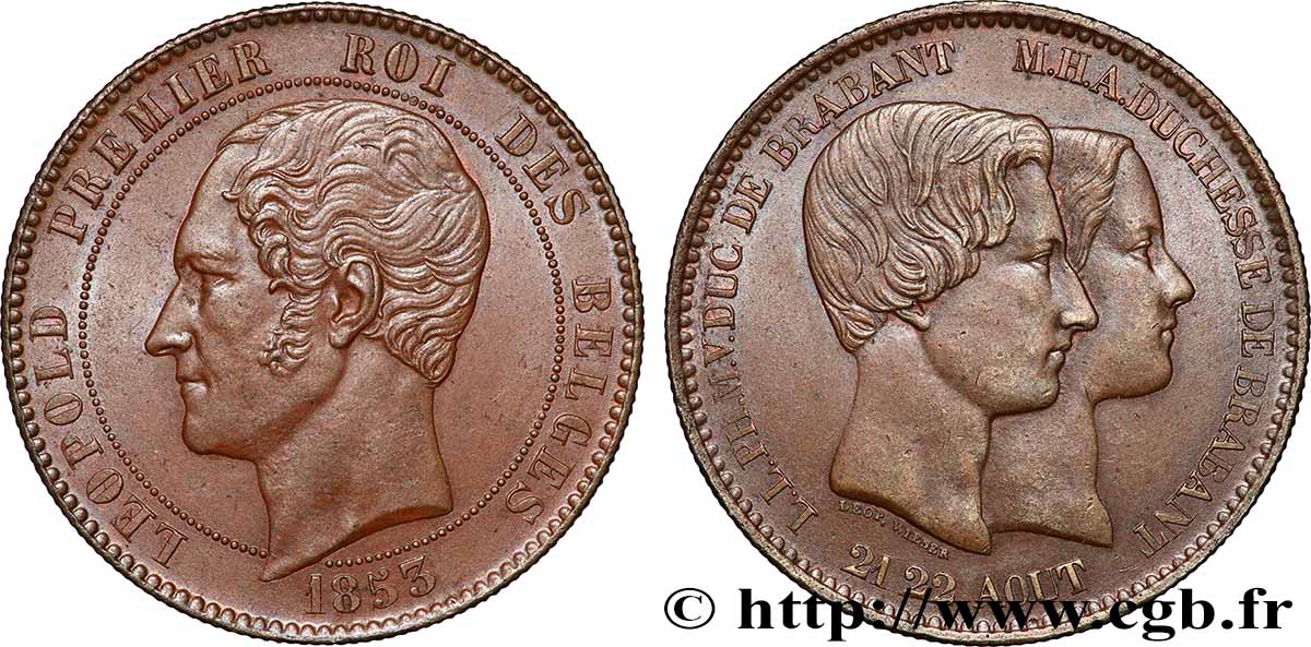 BELGIQUE 10 Centimes Mariage du Duc et de la Duchesse de Brabant 1853 Bruxelles SPL 