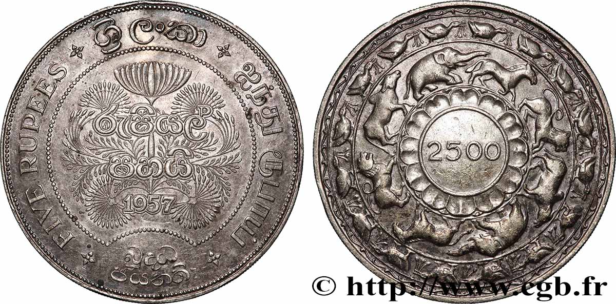 CEYLAN 5 Roupies (Rupees) 2500 ans de Bouddhisme 1957  TTB+ 