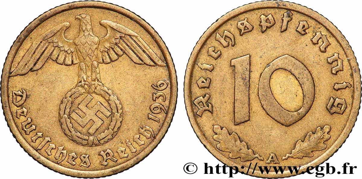 ALLEMAGNE 10 Reichspfennig aigle surmontant une swastika 1936 Berlin TTB 