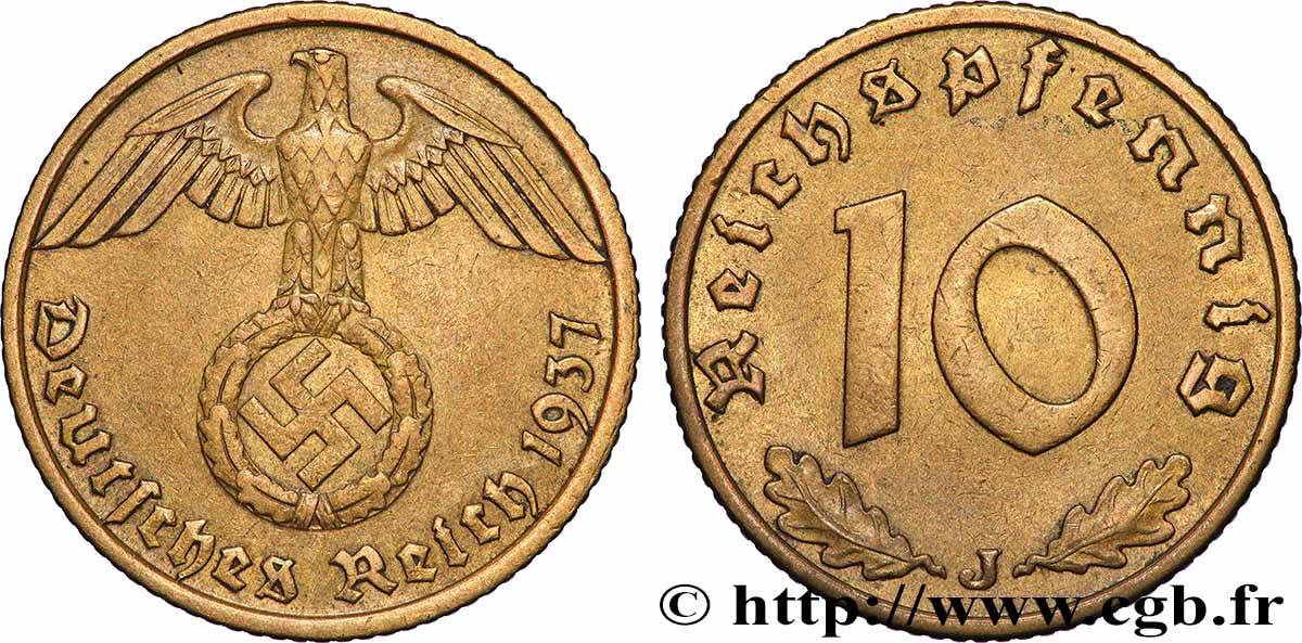 GERMANIA 10 Reichspfennig aigle surmontant une swastika 1937 Hambourg - J BB 