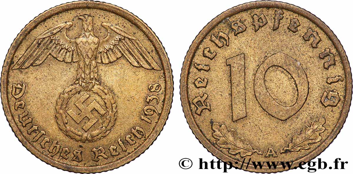 GERMANY 10 Reichspfennig aigle surmontant une swastika 1938 Berlin XF 