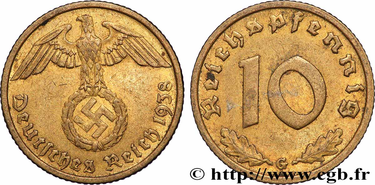 GERMANIA 10 Reichspfennig aigle surmontant une swastika 1938 Karlsruhe - G BB 