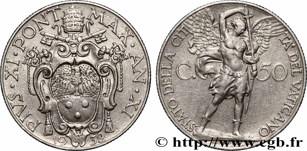 VATICAN ET ÉTATS PONTIFICAUX 50 Centesimi Pie XI an XI / archange Michel 1932 Rome TTB+ 