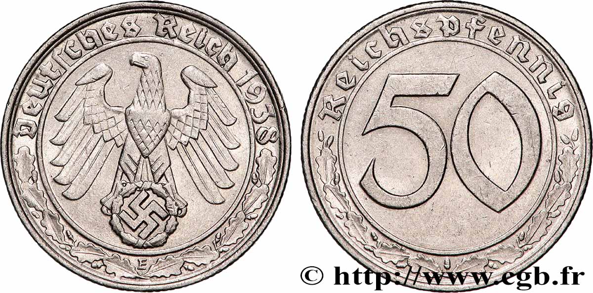 ALLEMAGNE 50 Reichspfennig aigle et svastika 1938 Muldenhütten TTB+ 