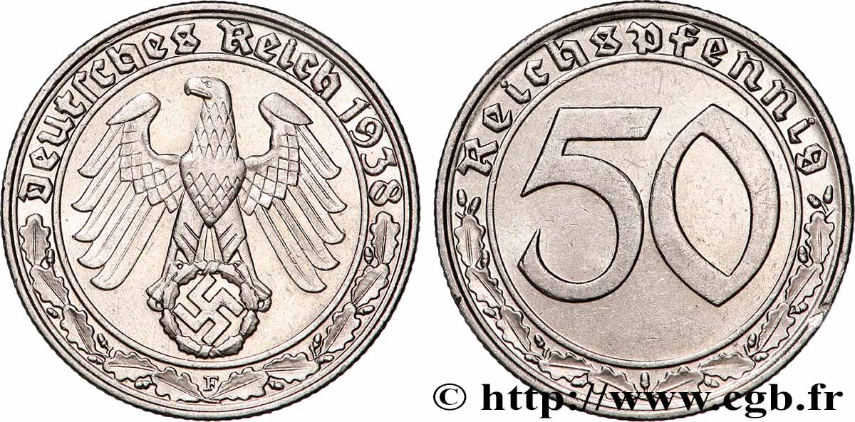 ALLEMAGNE 50 Reichspfennig aigle et svastika 1938 Stuttgart TTB+ 
