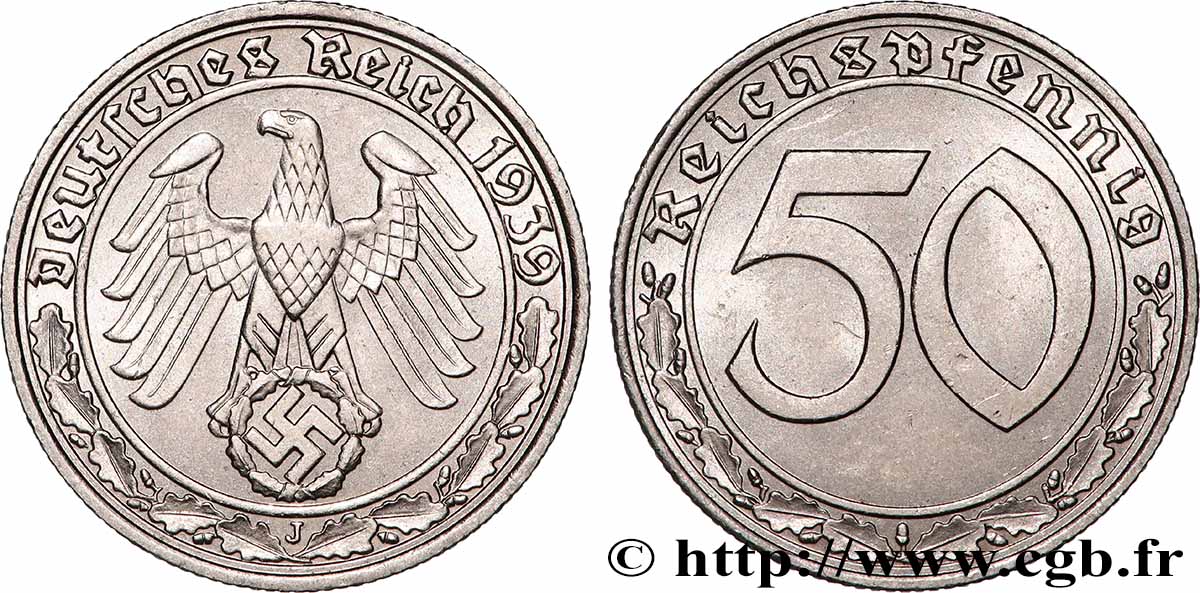 ALLEMAGNE 50 Reichspfennig aigle et svastika 1939 Hambourg TTB+ 